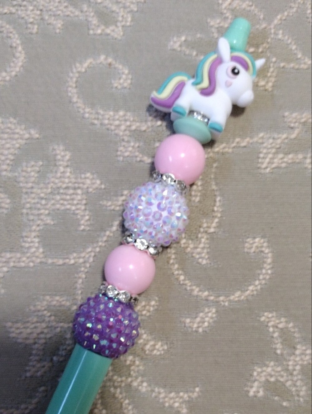 Unbranded Mint & Pastel Unicorn Beaded Ballpoint Pen - Picture 3 of 3